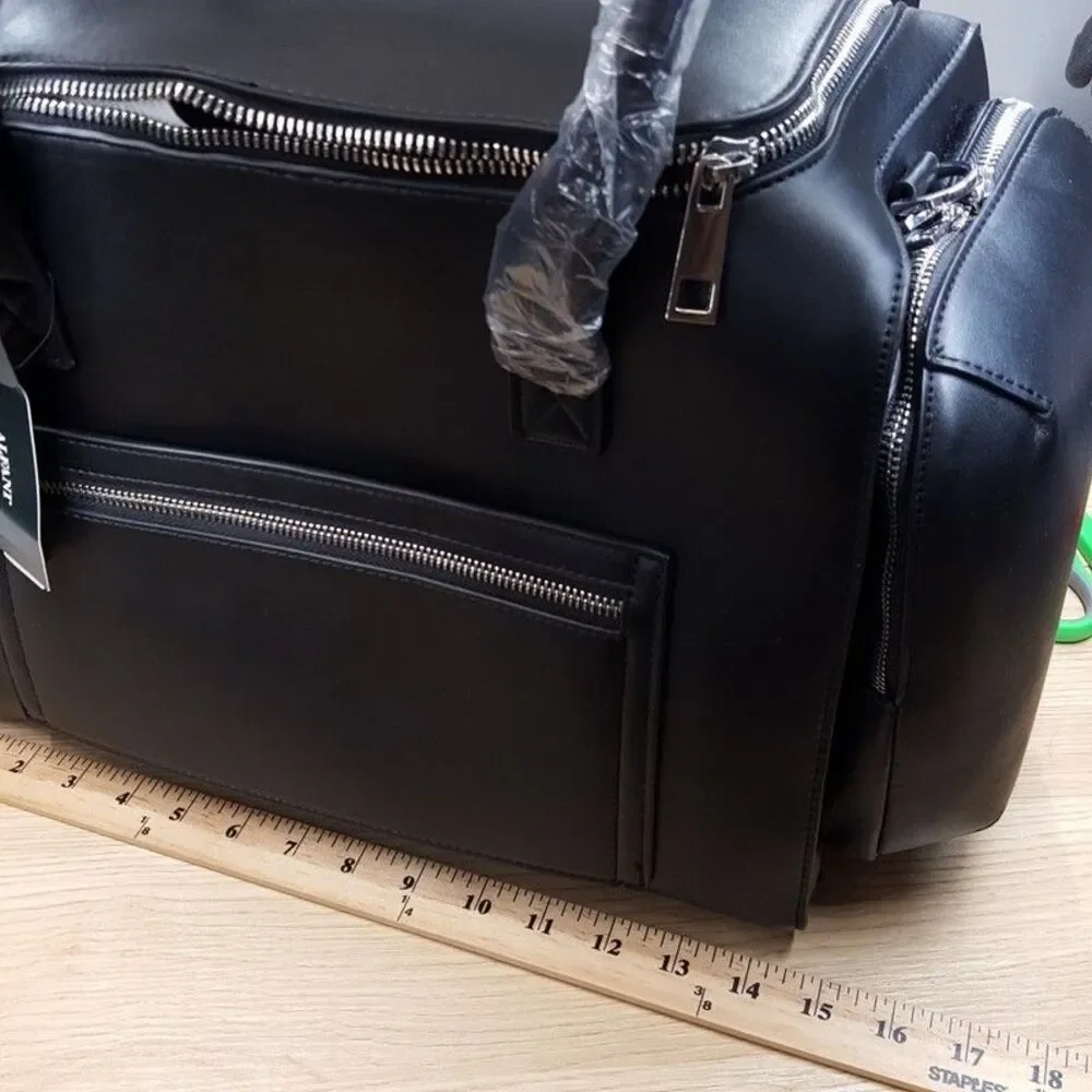 ALFANI Mens Black Faux Leather Duffle Bag Travel Weekender Carry-On Gym Bag